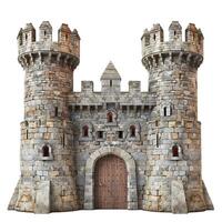 Medieval castle with two towers and a wooden gate isolated on white background photo