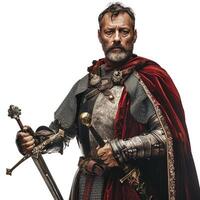 Medieval knight posing with sword and red cape on white background photo