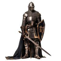 Medieval knight in full armor with sword and shield photo