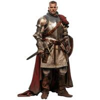 Medieval knight in full armor posing with sword and shield photo
