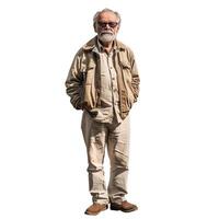 Senior man with white beard wearing glasses is standing with hands in pockets photo