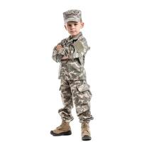 Young boy wearing camouflage military uniform standing with folded arms photo