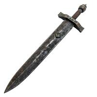 Well used ancient sword is laying on a white background photo