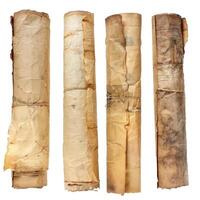 Four old rolled up papers tied with string isolated on white background photo