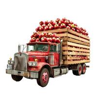 Old red truck transporting a full load of apples photo