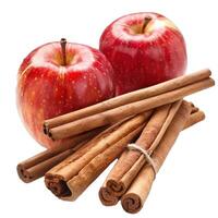 Two red apples resting on cinnamon sticks tied with twine on white photo