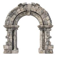 Old stone archway showing damage and crumbling with age on white background photo