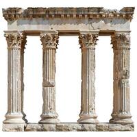 Four ancient corinthian columns supporting damaged architrave isolated on white photo