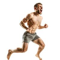 Muscular athlete running with aggressive expression on white background photo