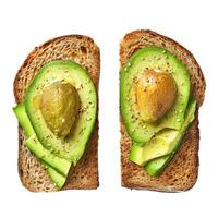 Two slices of toasted whole grain bread topped with sliced avocado and everything bagel seasoning photo