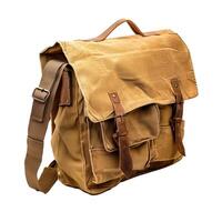 Khaki canvas messenger bag with leather straps isolated on white background photo