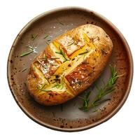 Baked potato with rosemary and salt flakes resting on a plate photo