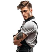 Serious tattooed barber posing with folded arms on white background photo