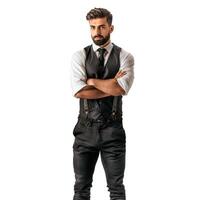 Serious businessman with folded arms standing on white background photo