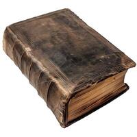 Old antique book with cracked leather binding showing age and decay photo