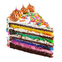 Slice of rainbow cake with colorful sprinkles and chocolate frosting on white background photo