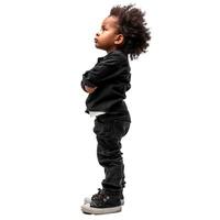 Little boy with afro hair style posing with folded arms looking up photo