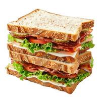 Delicious multi layered sandwich with ham, bacon and vegetables on white background photo
