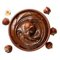 Bowl of chocolate hazelnut spread with hazelnuts around photo