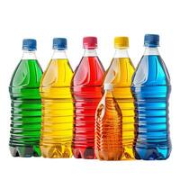 Five plastic bottles standing in a row filled with colorful liquid photo