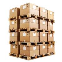 Stack of cardboard boxes on wooden pallets forming high pile photo
