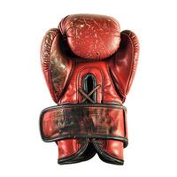 Red leather boxing glove showing wear and tear isolated on white photo