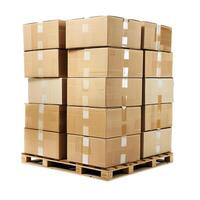 Stack of cardboard boxes on wooden pallet isolated on white background photo