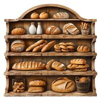 Various types of freshly baked bread displayed on rustic wooden shelves photo