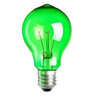 Green lightbulb is standing on white background photo