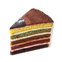 This colorful cake with multiple layers is decorated with chocolate and coconut photo
