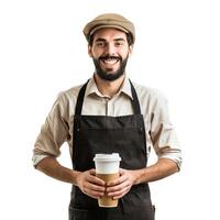 Smiling barista holding coffee wearing apron and cap photo