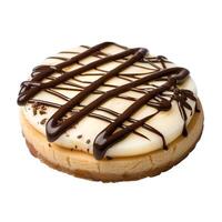Delicious round cookie with white chocolate and chocolate syrup drizzle photo