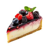 Slice of delicious cheesecake with berries and jelly topping photo