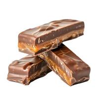 Chocolate bars with caramel filling making a stack on white background photo