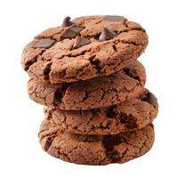 Stack of chocolate chip cookies forming a tower on white background photo