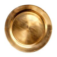 Empty golden plate with scratches isolated on white background photo