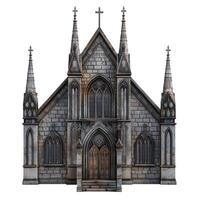 Old stone church building standing with stained glass windows photo