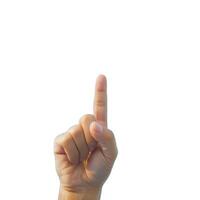 Hand pointing up with index finger on white background photo