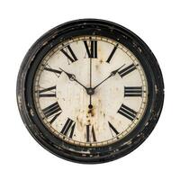 Old clock showing five minutes past twelve on white background photo