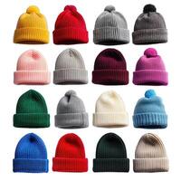 Set of colorful knitted wool winter hats with pompoms isolated on white background photo
