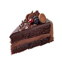 Delicious chocolate cake slice decorated with berries and chocolate chips on white background photo