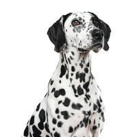 Dalmatian dog sitting and looking up with white background photo