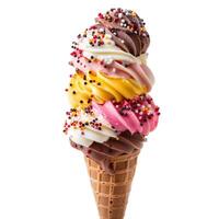 Colorful soft serve ice cream with sprinkles in waffle cone on white background photo