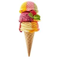 Stack of colorful ice cream scoops melting on waffle cone photo
