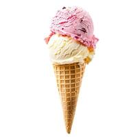 Ice cream scoops with pieces of fruit topping, served in a crispy cone photo