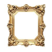 Golden ornate picture frame standing against white background photo
