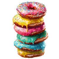 Delicious colorful donuts forming a stack are covered with colorful sprinkles and dripping glaze photo