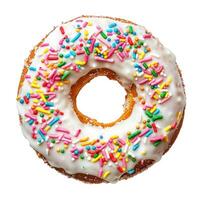 Fresh donut covered with white icing and colorful sprinkles isolated on white background photo