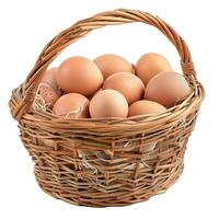 Wicker basket overflowing with farm fresh brown eggs photo