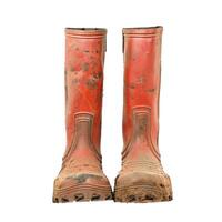 Pair of dirty red rubber boots standing on white background photo